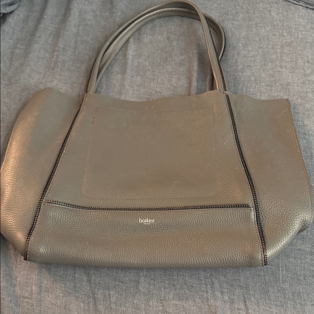 Botkier Pebbled Leather Dark Gray Shoulder Tote Bag W/ Zipper Trim